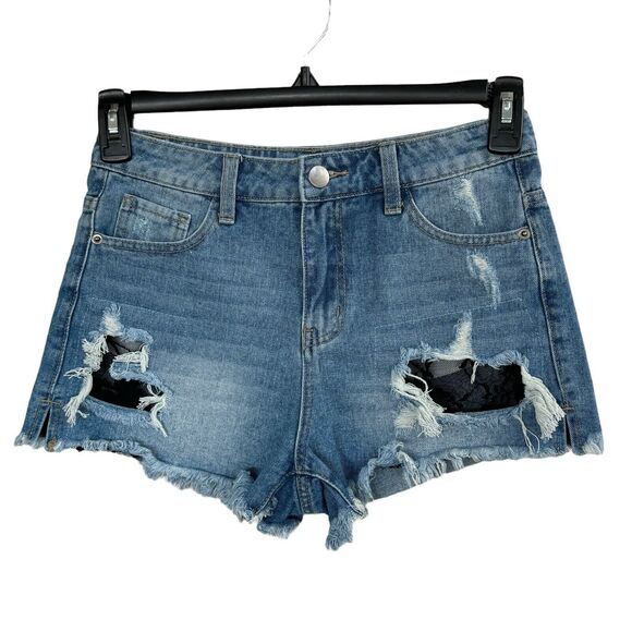 Forever 21 Small Jean Shorts Distressed Frayed Hems Hi-Rise Zip-Fly Lace Accents - Picture 1 of 9